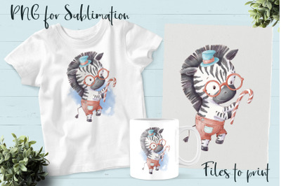 Cute Zebra with lollipop. Design for printing.