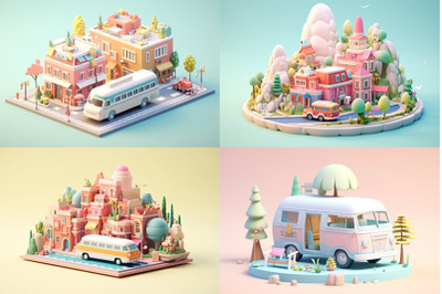 tiny cute isometric travel soft pastel colors 3d icon