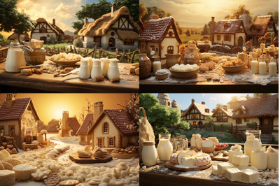 village scene made of milk honey and biscuits