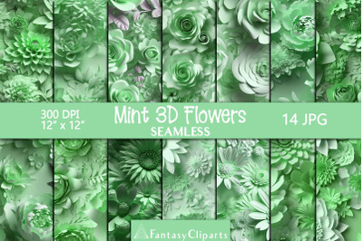 Mint 3D Flowers Digital Paper | Floral Seamless Patterns