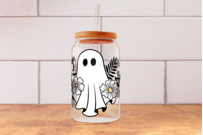 Ghost with Flowers Glass Can Wrap 16oz, Boho Ghost Halloween Can Glass