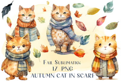 Autumn Cat in scarf Fall Sublimation PNG