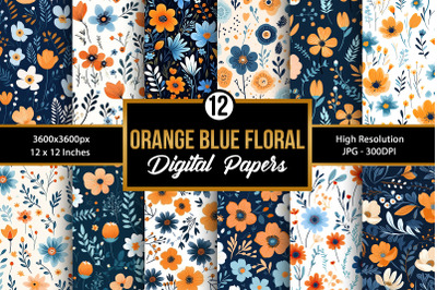 Orange Blue Cute Flowers Digital Papers