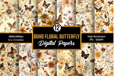 Boho Vintage Floral Butterflies Digital Papers