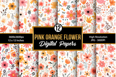 Pink and Orange Cute Flowers Digital Papers