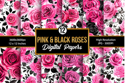Pink and Black Watercolor Roses Digital Papers