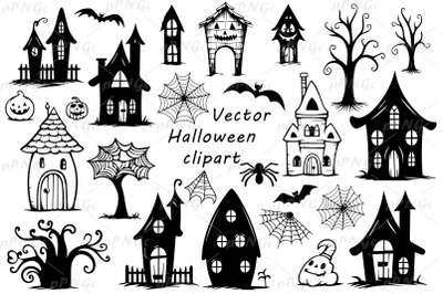 万圣节矢量剪贴画：鬼屋、树和蜘蛛