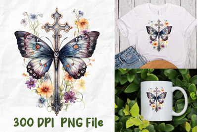 Jesus Wild Flower Gothic Cross Butterfly