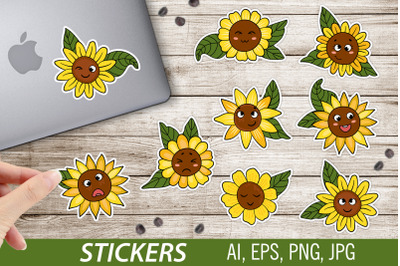 Sunflowers kawaii / Printable Stickers Cricut Design