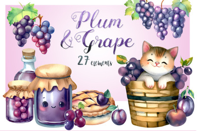 Plum and Grape Watercolor Illustrations | Png Clipart Bundle
