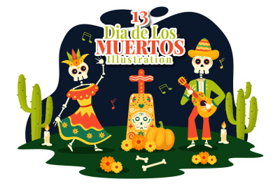 13 Dia de Muertos Vector Illustration