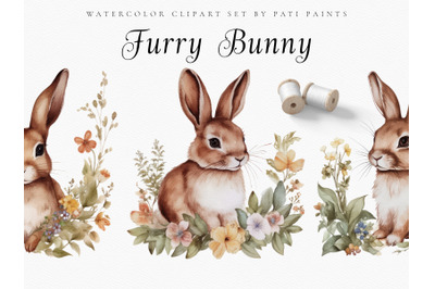 Furry Bunny Watercolor Clipart Set