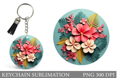 Tropical Flowers Round Keychain. 3D Flowers Keychain Design