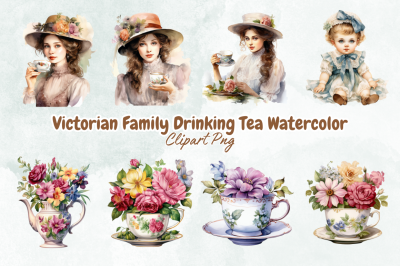 Victorian Family Drinking Tea Watercolor