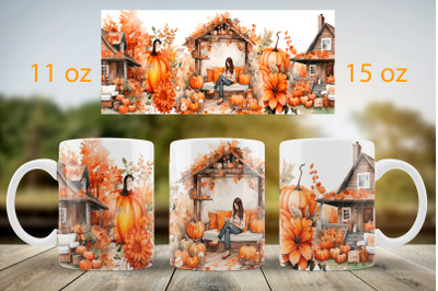 Fall mug wrap design Pumpkin landscape mug Sublimation PNG