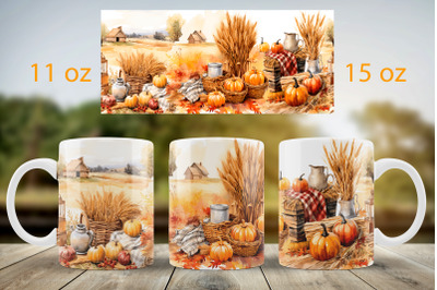 Fall mug wrap design Pumpkin landscape mug Sublimation PNG