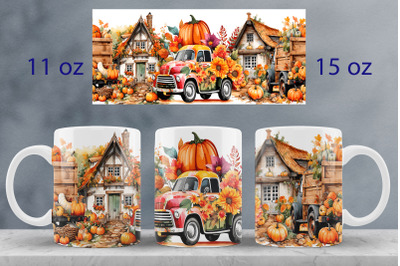 Fall mug wrap design Pumpkin truck mug Sublimation PNG