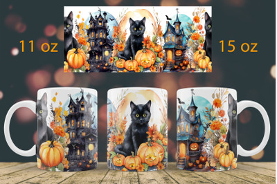 Halloween mug wrap design Black cat mug Sublimation PNG