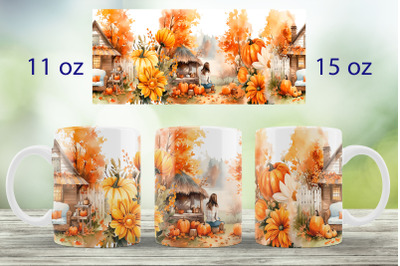Fall mug wrap design Pumpkin landscape mug Sublimation PNG