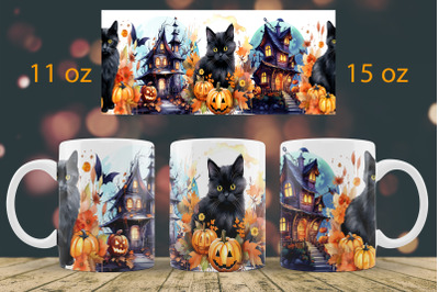 Halloween mug wrap design Black cat mug Sublimation PNG
