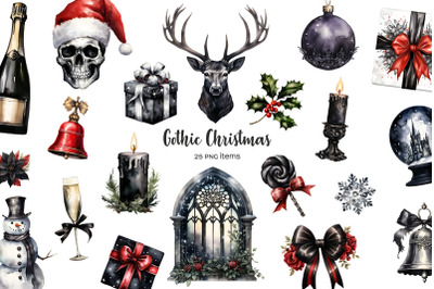 Watercolor gothic Christmas clipart. Alternative dark Xmas clip art. Creepy Christmas black and red colors. Goth Christmas seasonal set.