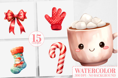 25 Festive Watercolor Christmas Clipart: Mittens, Cocoa &amp; More