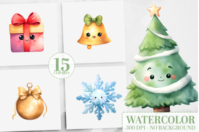 25 Kawaii Christmas Watercolor Clipart: Trees, Ornaments