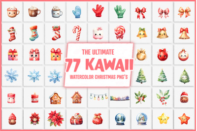 77 Kawaii Christmas Watercolor Clipart - Holiday Decoration