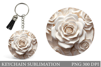 White Roses Round Keychain. 3D Rose Keychain Design