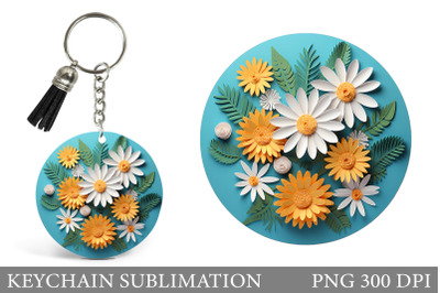 Paper Flowers Round Keychain. 3D Daisy Keychain Design