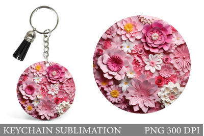 3D Flowers Round Keychain. Pink Flowers Keychain Design