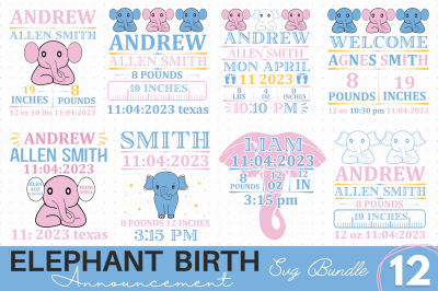 Elephant Birth Announcement SVG Bundle