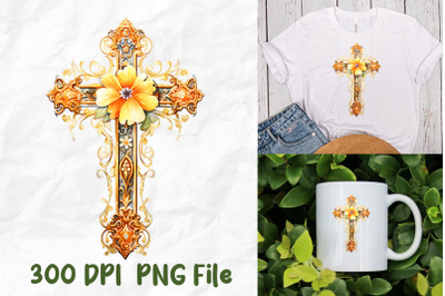 Jesus Christ Golden Gothic Cross Flowers