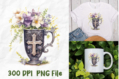 Jesus Christ Medieval Cross Cup Flowers