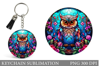 Owl Flowers Round Keychain. Stained Glass Owl Keychain