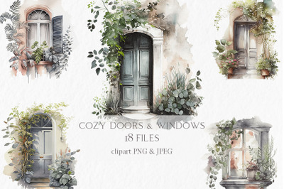 Cozy doors windows Watercolor Clipart PNG