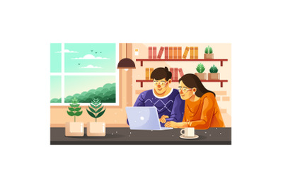 Wife and Husband Working Together Illustration