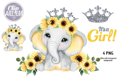 Sunflower Elephant Baby Princess 4 PNG Watercolor Clip Art Images Set