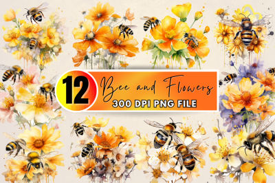 Bee and Flowers Watercolor Bundle