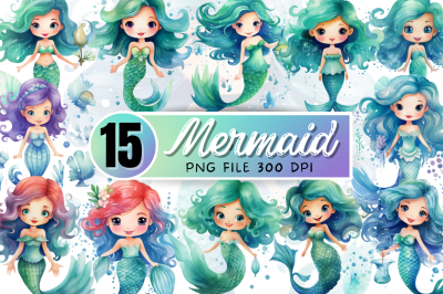 Cute Mermaid Watercolor Clipart Bundle