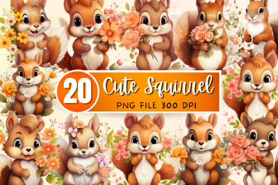 Cute Squirrel with Flowers Clipart Bundle