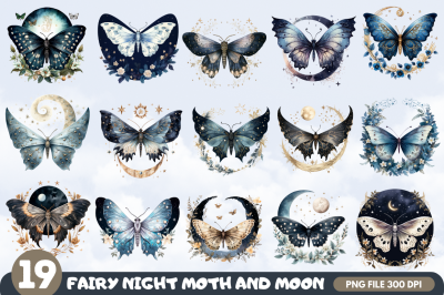 Fairy Night Moth and Moon Clipart Bundle