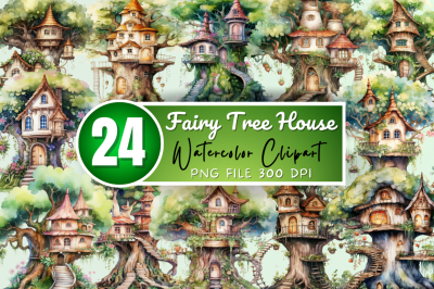 Fairy Tree House Watercolor Clipart Bundle