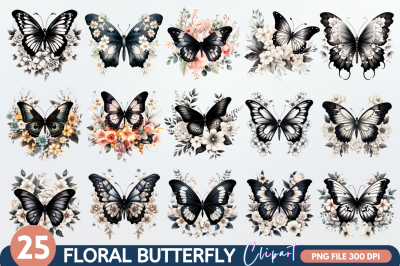 Floral Black Butterfly Clipart Bundle