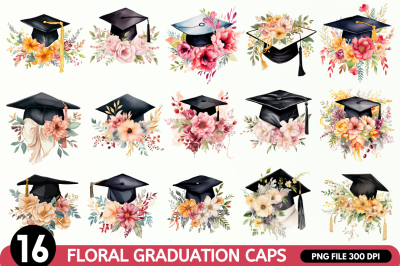 Floral Graduation Caps Sublimation Clipart Bundle