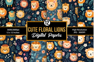 Cute Floral Lions Pattern Digital Papers