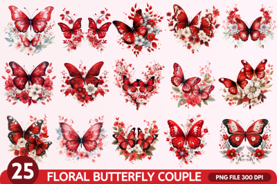 Floral Red Butterfly Couple Clipart Bundle