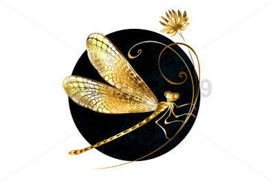 Golden dragonfly in black circle