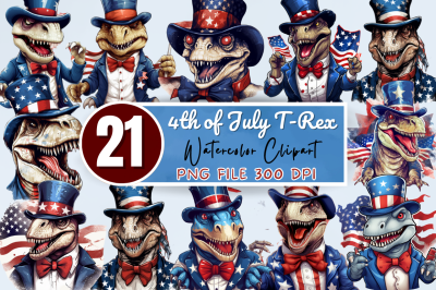 Funny 4th of July T-rex Sublimation Clipart Bundle