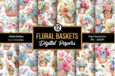 Watercolor Floral Baskets Seamless Patterns